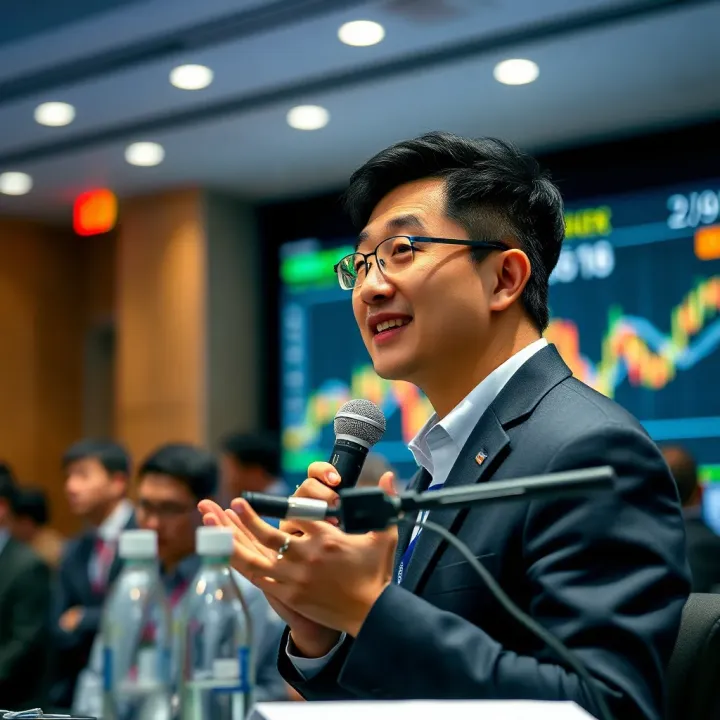 Ben Zhou delivering a keynote speech on cryptocurrency innovation at a financial technology conference
