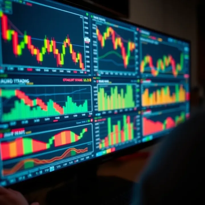 Digital interface displaying various financial charts and trading data on a computer screen