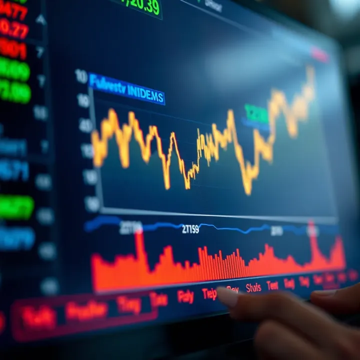 Graph showing upward trend and fluctuations of synthetic indices on a digital screen