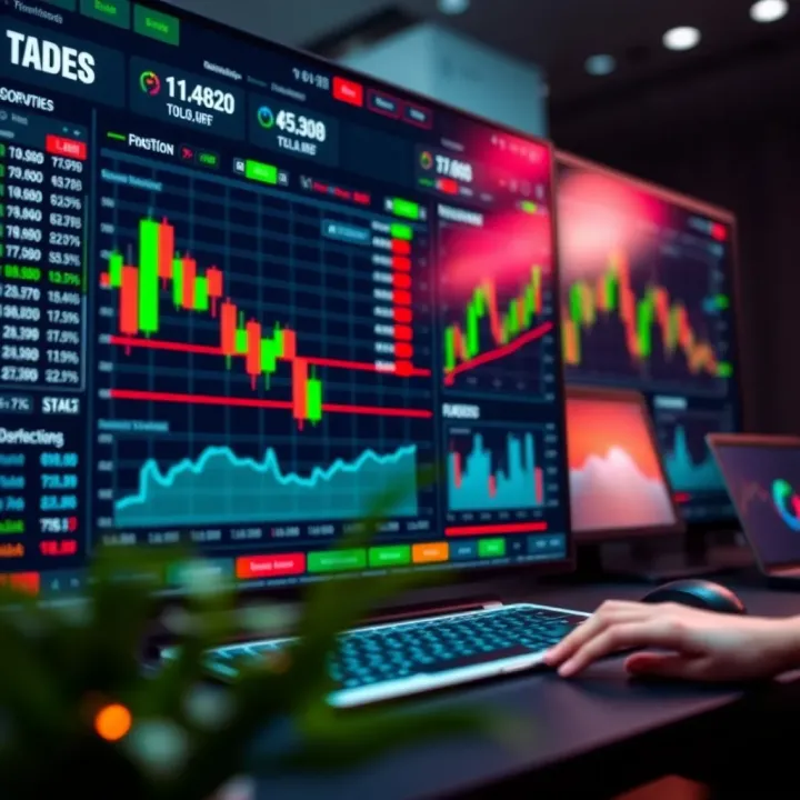 Interface of a trading platform showing market charts, trading options, and user dashboard
