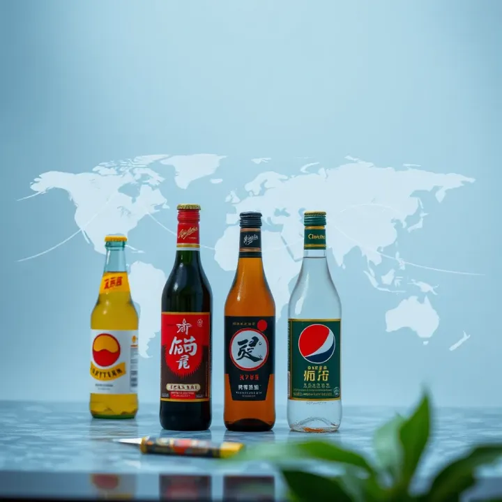 Illustration of beverage bottles arranged with a global map highlighting international economic connections