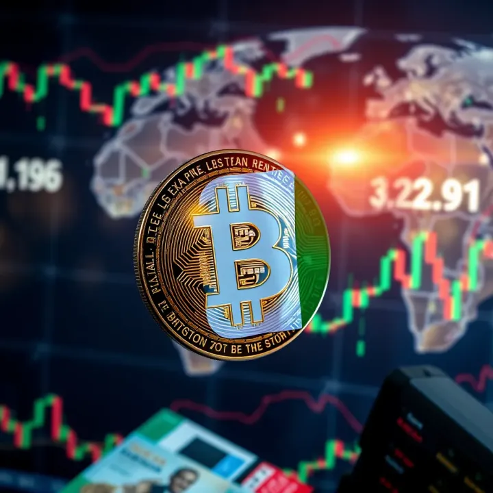 Visual representation of Bitcoin symbol overlaid with Nigerian currency and global market indicators