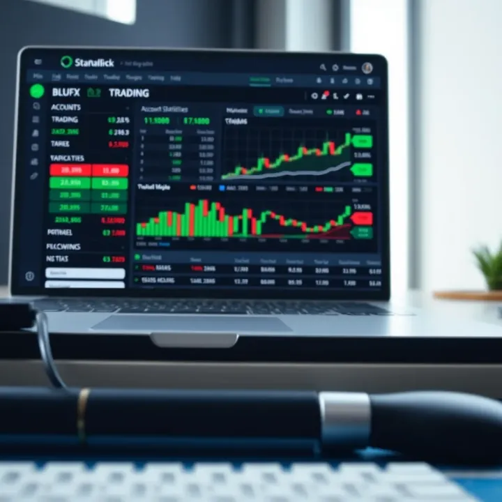 Dashboard displaying BLUFX prop trading firm account statistics and trading tools