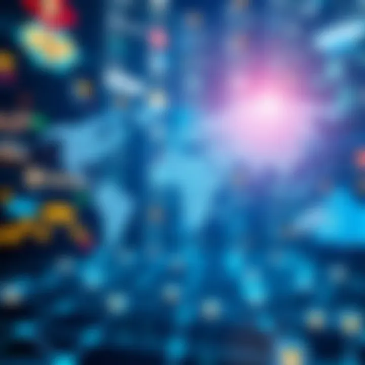 Conceptual illustration of digital finance with blockchain and global connectivity symbols