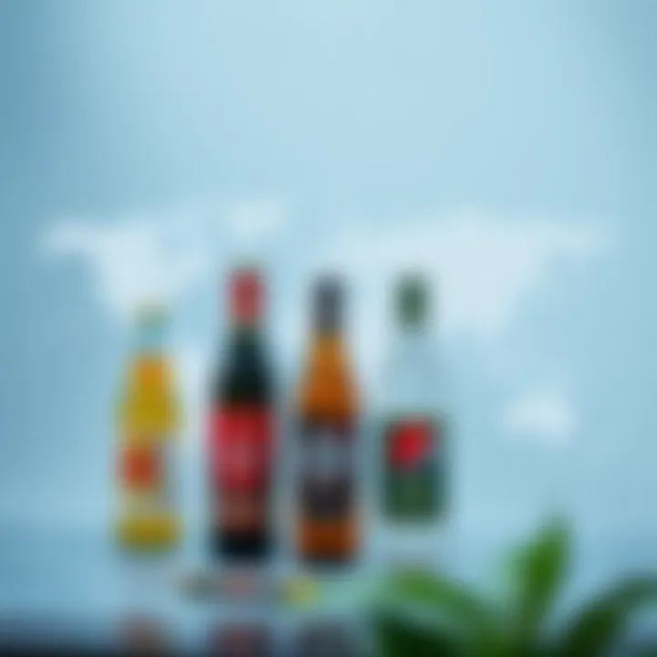 Illustration of beverage bottles arranged with a global map highlighting international economic connections