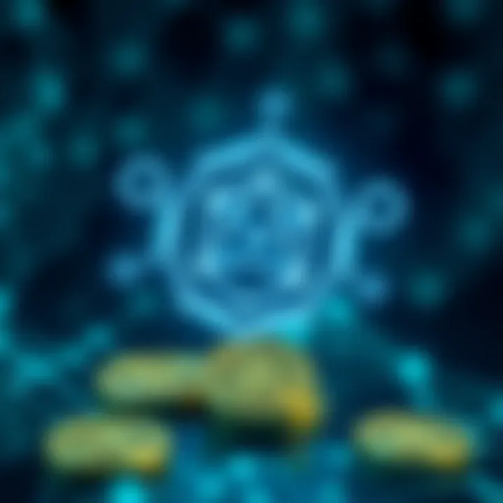 Conceptual visualization of Cardano blockchain with digital tokens representing ADA coin value and investment dynamics