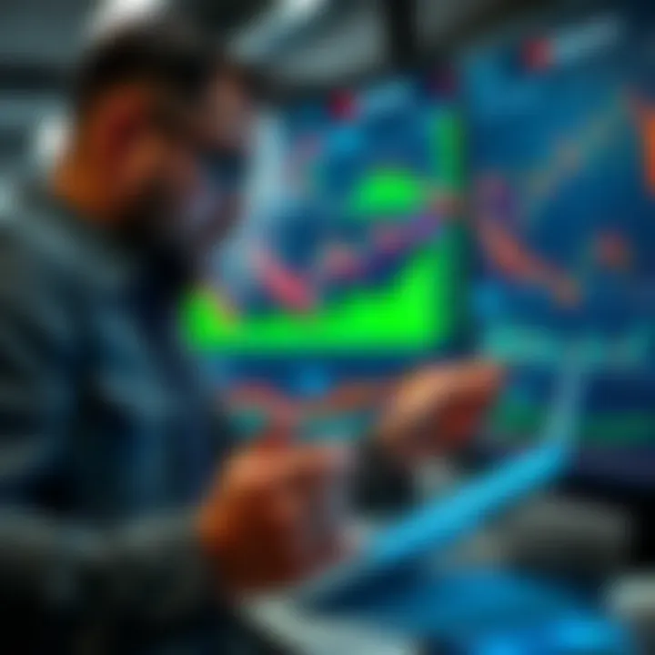 Illustration showing a trader comparing different brokers on a digital platform with charts and data