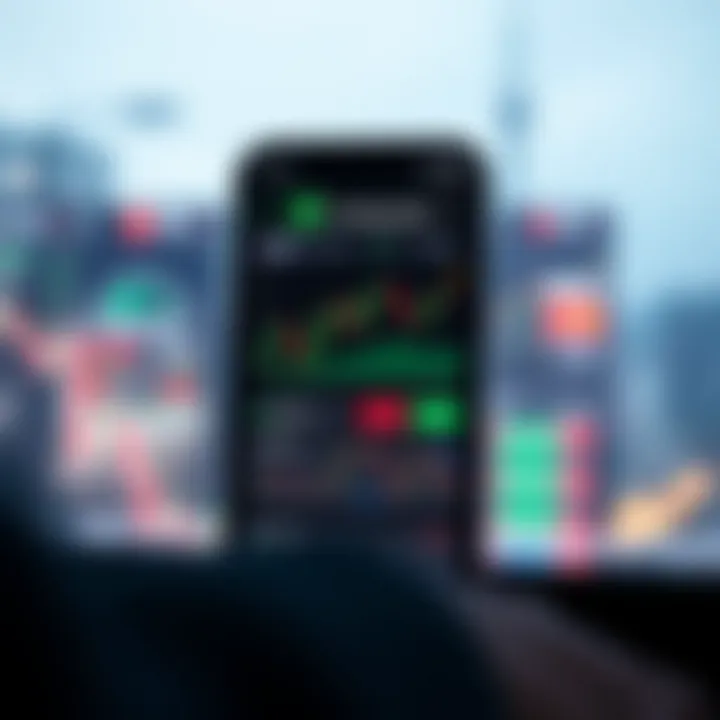 Mobile phone displaying an online trading app interface with charts and market data