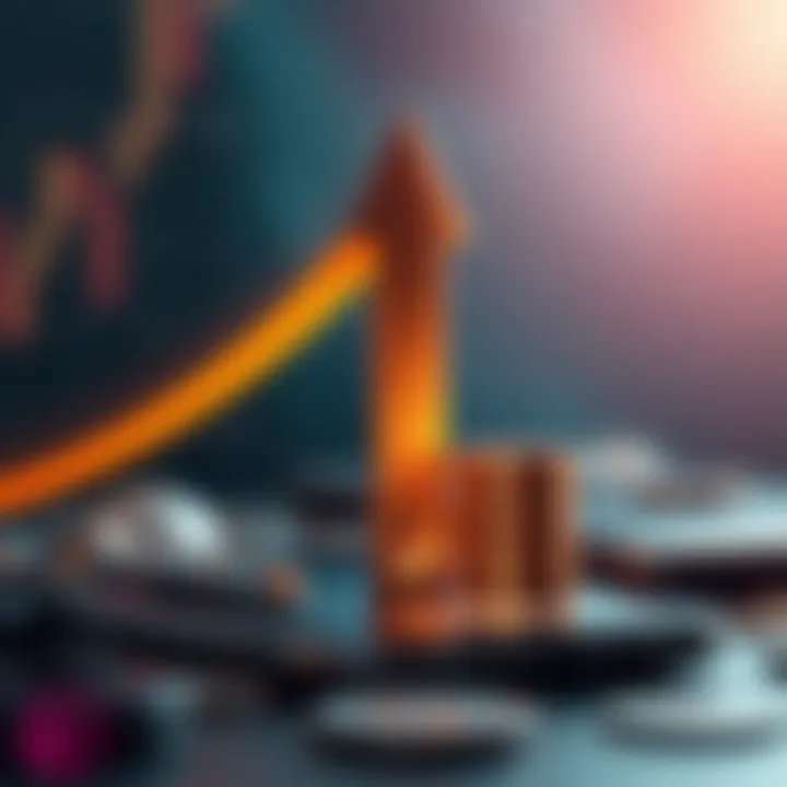 Conceptual illustration of financial growth with upward arrow and currency symbols