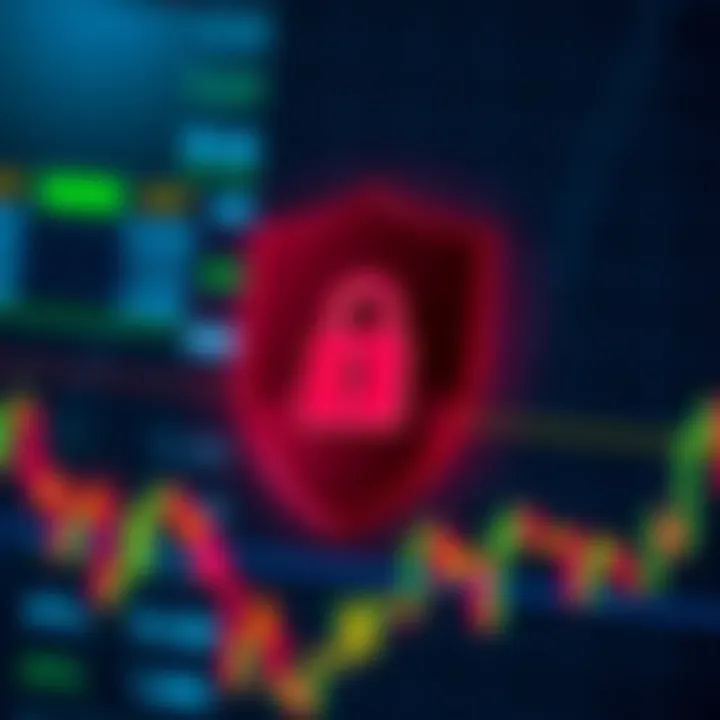 Security shield symbol overlaying digital financial data representing secure trading environment