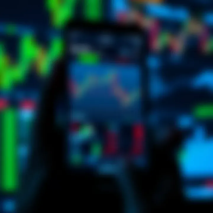 Smartphone displaying a trading app interface with charts and stock data