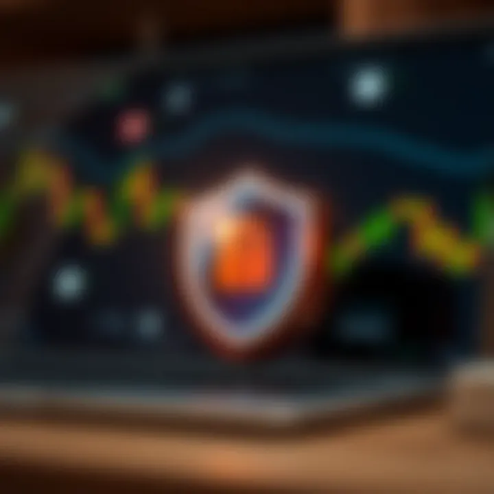 Conceptual graphic showing secure online transaction with financial icons and a shield symbol