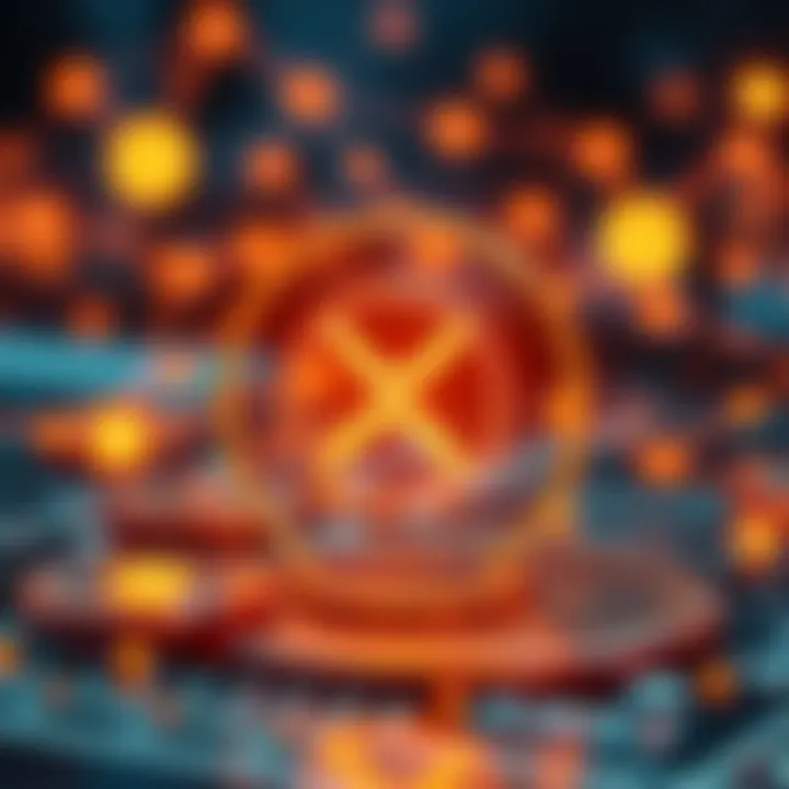 Conceptual graphic of cryptocurrency network with XRP symbol and regulatory icons