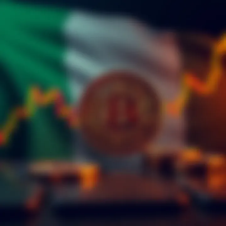 Digital representation of fluctuating cryptocurrency market graphs with a Nigerian flag background