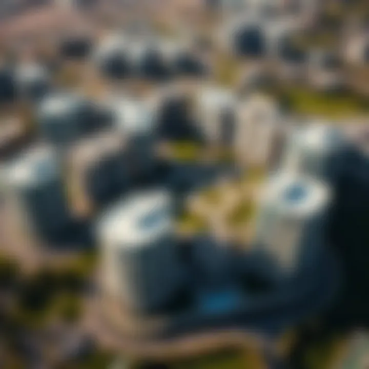 Aerial view of a modern urban development project with multiple buildings and green spaces