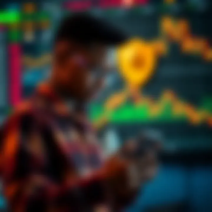 Student using a smartphone with digital financial charts and secure payment symbols in the background