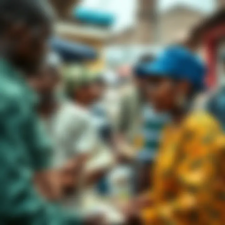 Illustration showing a Nigerian street market scene emphasizing verbal communication over currency exchange