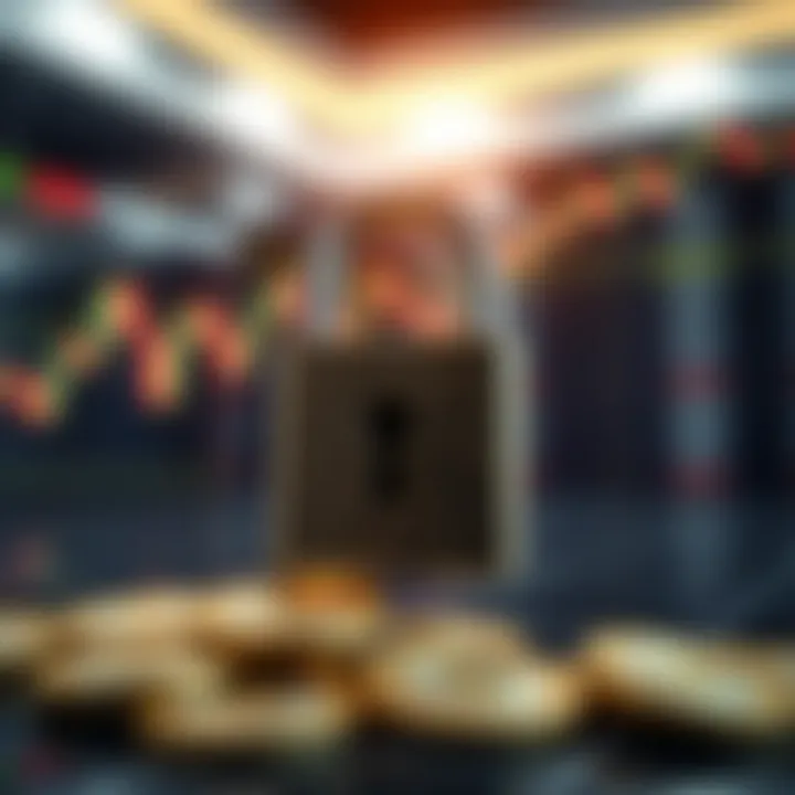 Safe and secure financial transaction concept with padlock and currency symbols indicating secure trading