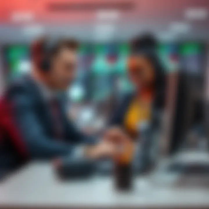 Customer support team assisting traders on multiple devices