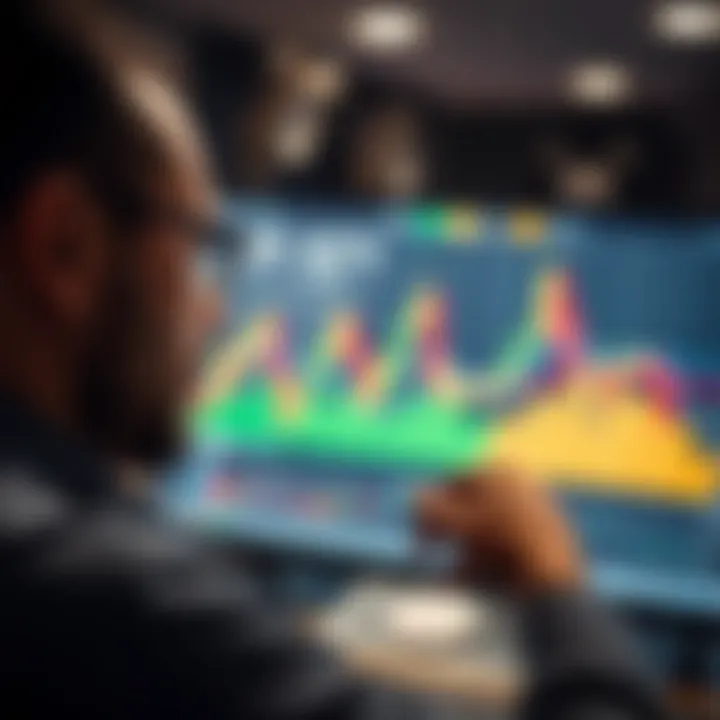 A trader analyzing a digital chart with upward and downward trends and highlighted signal points