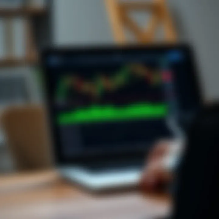 A digital trading platform interface showing candlestick charts and trading options on a laptop screen