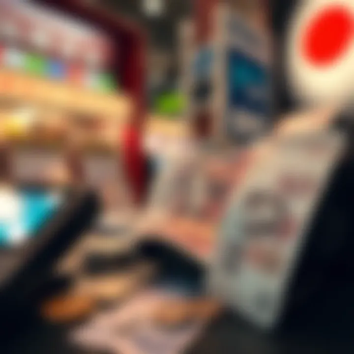 Digital payment terminal with Japanese yen banknotes and coins nearby
