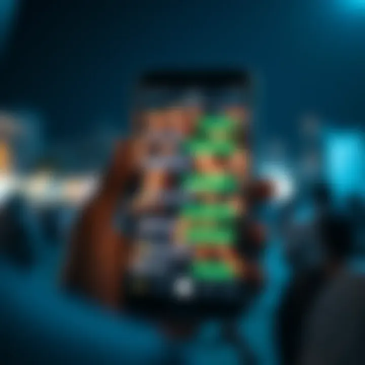 Smartphone screen displaying a vibrant cryptocurrency chat group on WhatsApp with lively exchange of messages and digital coin icons