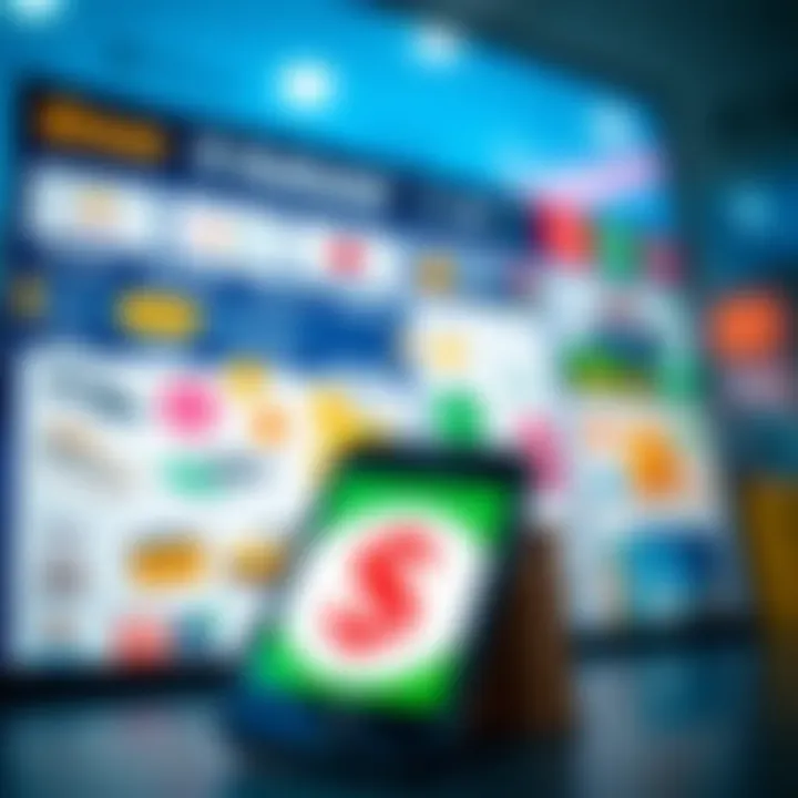 A vibrant digital marketplace interface showcasing various products and a mobile phone with a Nigerian naira sign