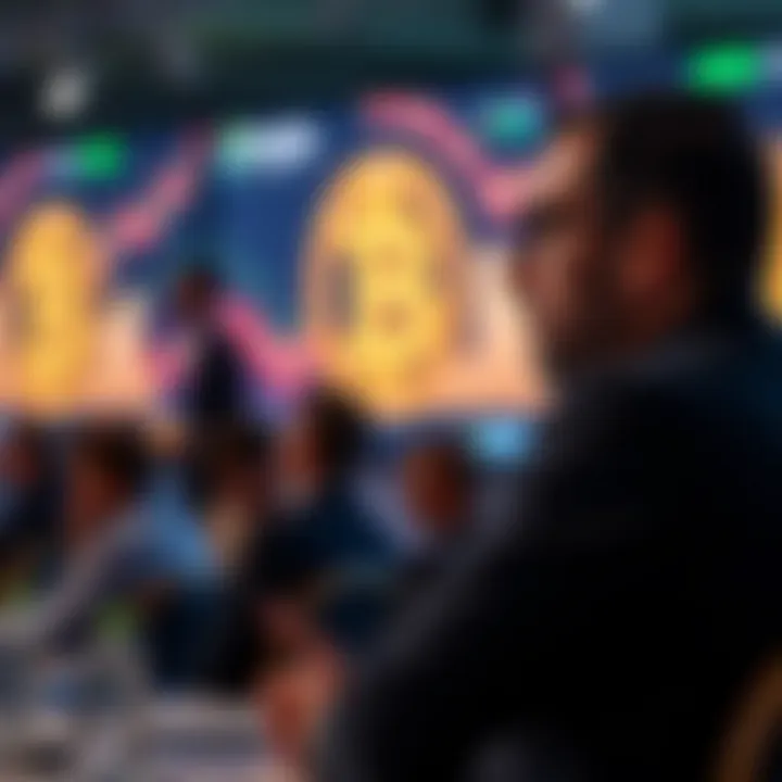 Ray Youssef speaking at a cryptocurrency conference with digital bitcoin graphics in the background