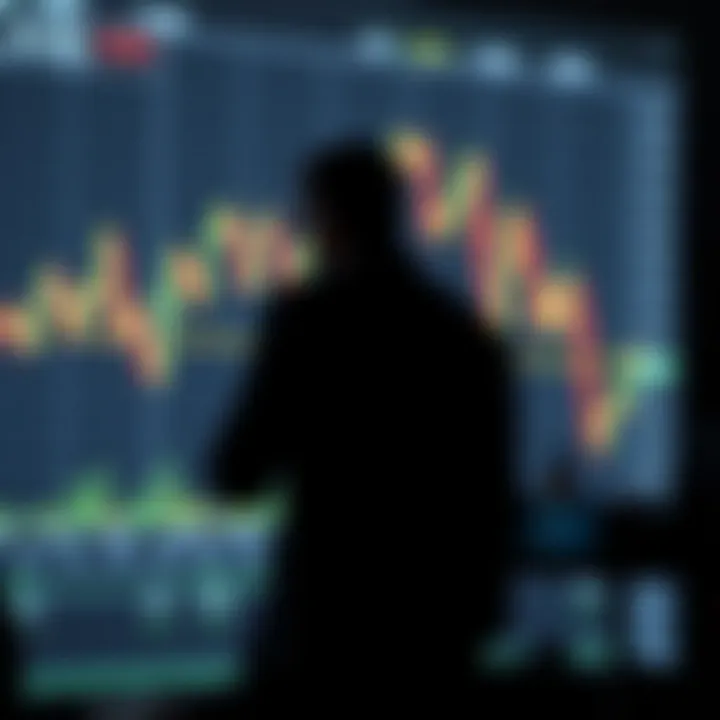 Graph showcasing currency market fluctuations alongside a silhouette of a trader analyzing data