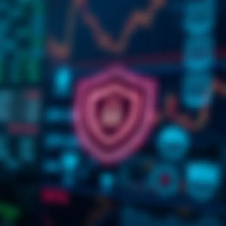 Concept of secure digital trading with shield symbol and locked data icons