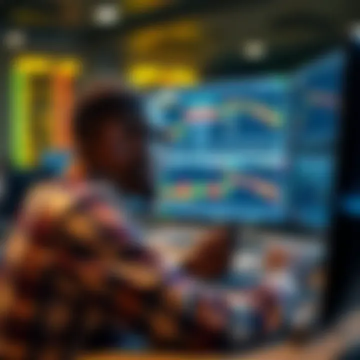 Wealthy Nigerian crypto trader analyzing market trends on multiple digital screens