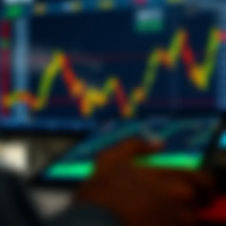 Graph showing fluctuating currency rates with digital devices displaying trading data