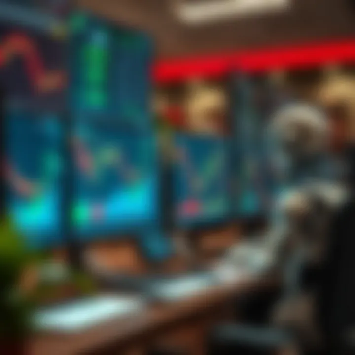 Graphical representation of automated trading bots analyzing stock market data on multiple screens