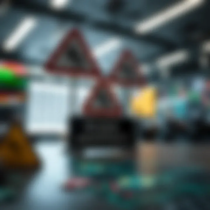 Visual representation of risk management in binary trading with warning signs and strategy elements