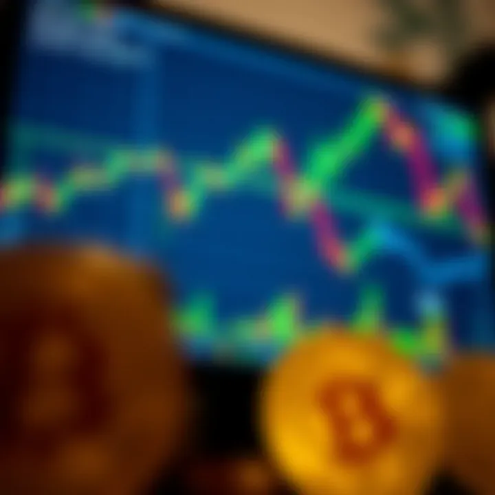 Digital representation of cryptocurrency coins and trading charts on a computer screen
