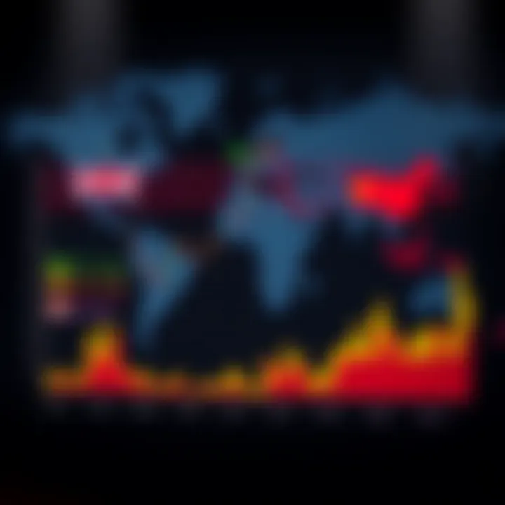 Graph showing fluctuations of major forex currency pairs against a world map background highlighting key trading regions