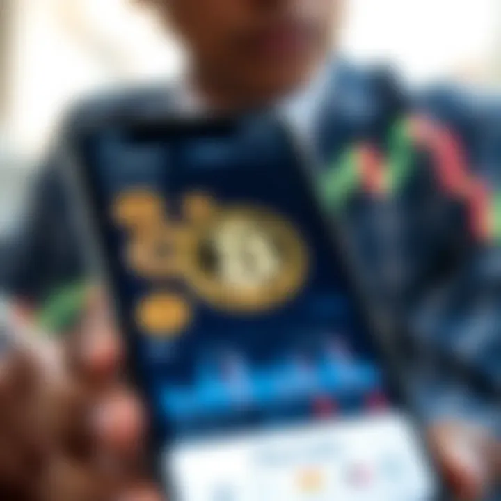 Mobile phone displaying digital currency symbols with a financial graph in the background