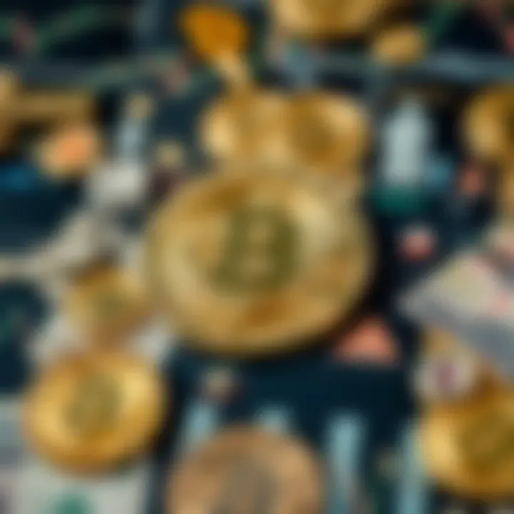 Collage of economic symbols including currency, charts, and digital blockchain elements