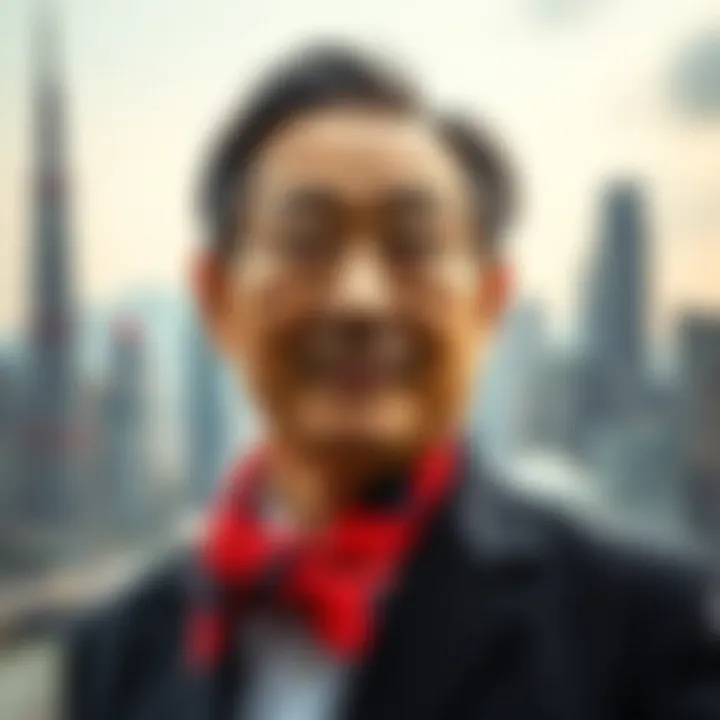 Portrait of Zhong Shanshan with a backdrop of modern Chinese city skyline representing business success
