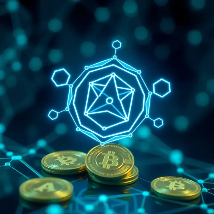 Conceptual visualization of Cardano blockchain with digital tokens representing ADA coin value and investment dynamics