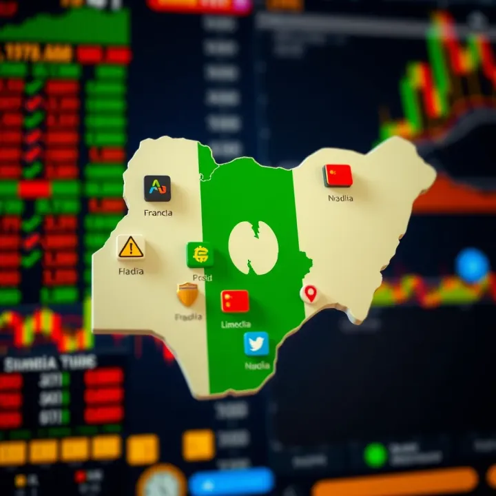 Map of Nigeria with financial icons representing CFD trading platforms and regulatory symbols