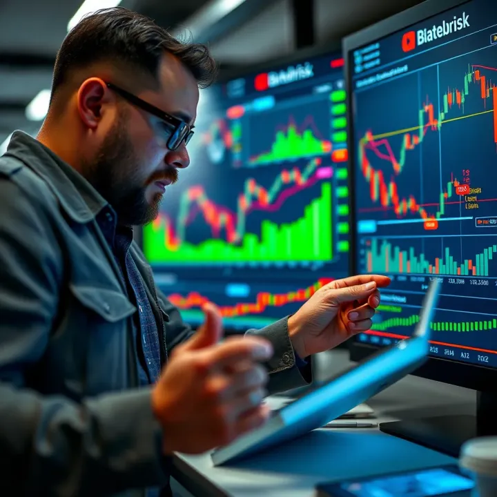 Illustration showing a trader comparing different brokers on a digital platform with charts and data