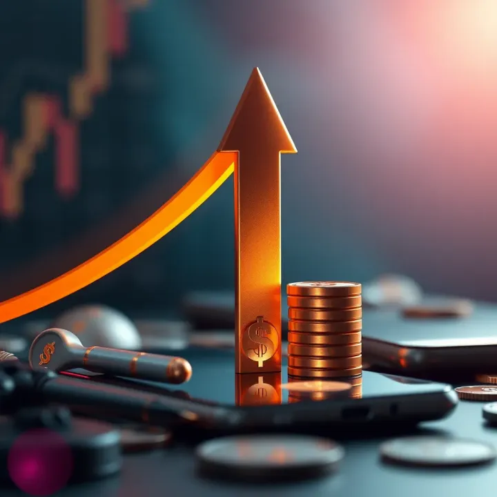 Conceptual illustration of financial growth with upward arrow and currency symbols