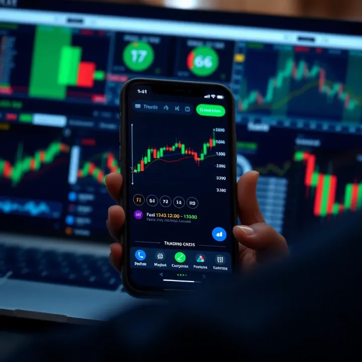 Mobile device displaying a user-friendly trading application interface with charts and trading options