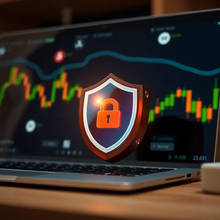 Secure Online Trading Concept with Financial Icons and Protection Shield Conceptual graphic showing secure online transaction with financial icons and a shield symbol