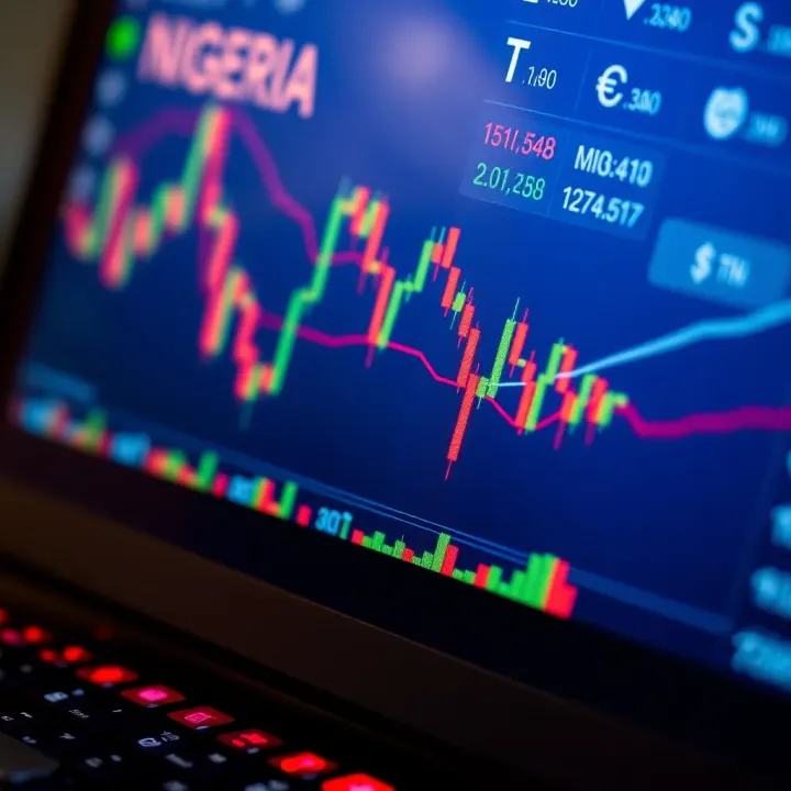 Illustration of a digital trading platform displaying stock charts with Nigerian currency symbols