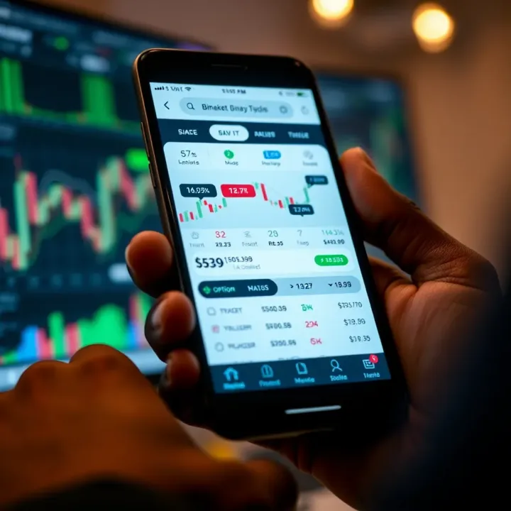 Smartphone displaying a user-friendly binary trading app interface with charts and options