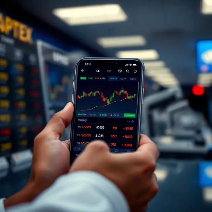 Mobile device displaying forex trading app interface with currency exchange rates and charts