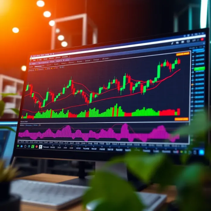 Illustration of a computer screen with forex trading platform displaying technical indicators and graphs